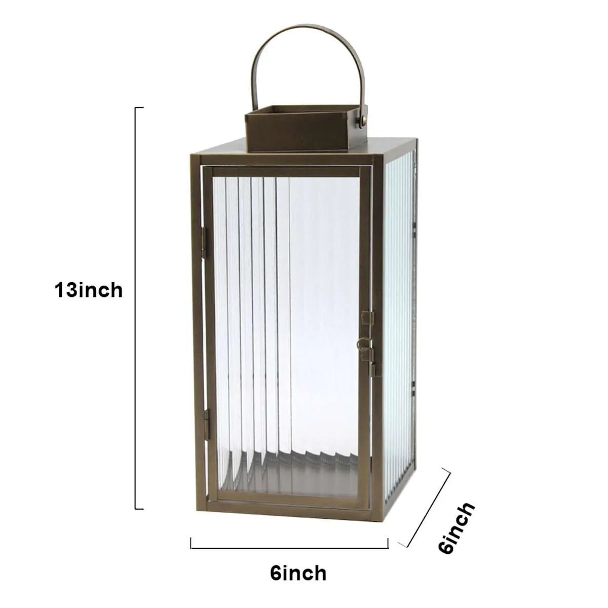 Modern Copper Metal Lantern with Ribbed Glass - 13"