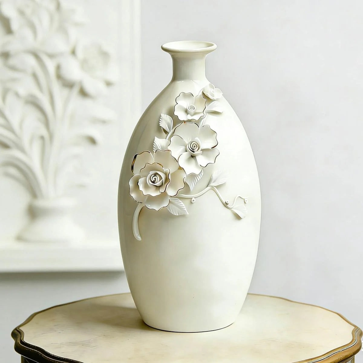 White and Gold Flower Ceramic Table Vase - 11 Inch