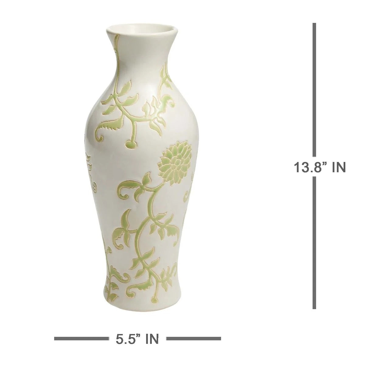 Green and White Floral Ceramic Table Vase - 13.6"