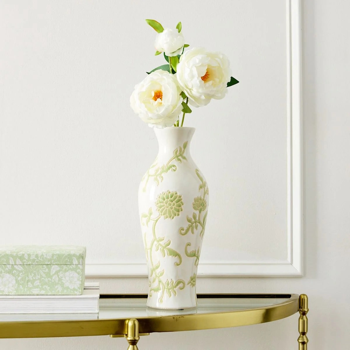 Green and White Floral Ceramic Table Vase - 13.6"