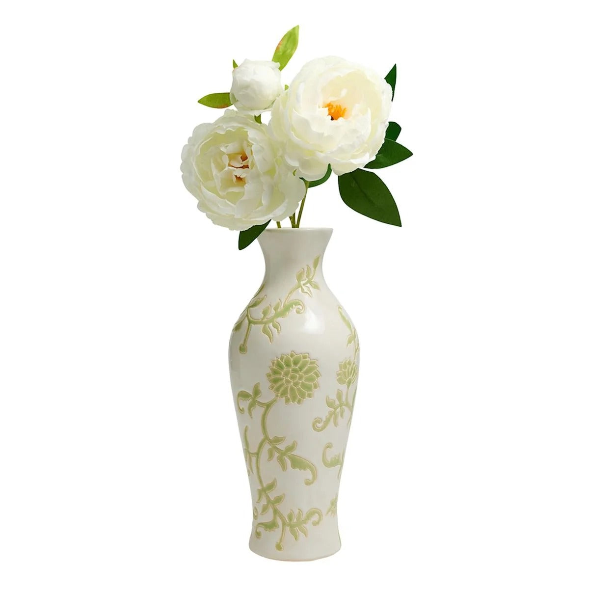 Green and White Floral Ceramic Table Vase - 13.6"