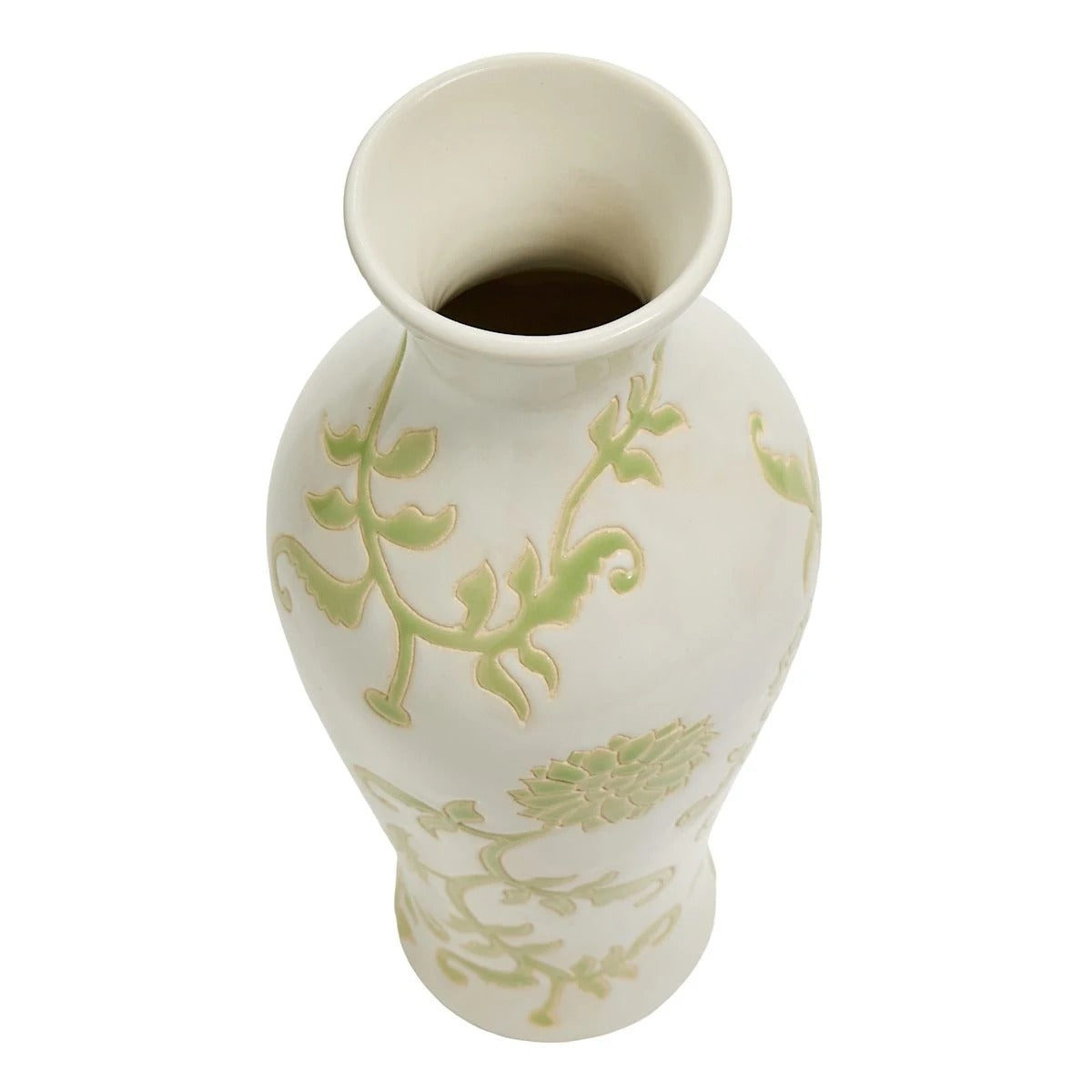 Green and White Floral Ceramic Table Vase - 13.6"