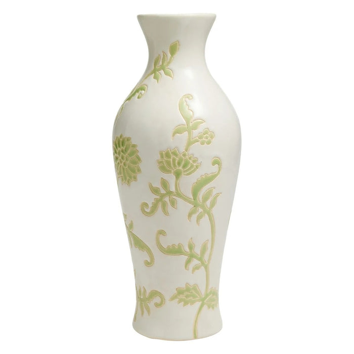 Green and White Floral Ceramic Table Vase - 13.6"
