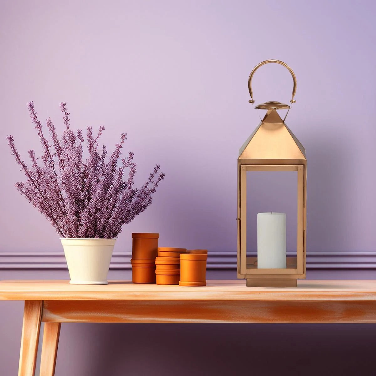 Modern Copper Metal Candle Lantern with Glass - 19"