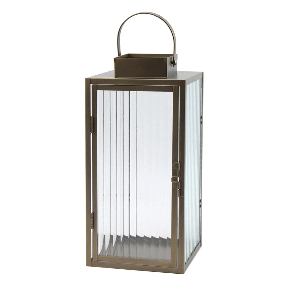 Modern Copper Metal Lantern with Ribbed Glass - 13"