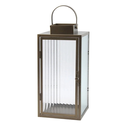 Modern Copper Metal Lantern with Ribbed Glass - 13"