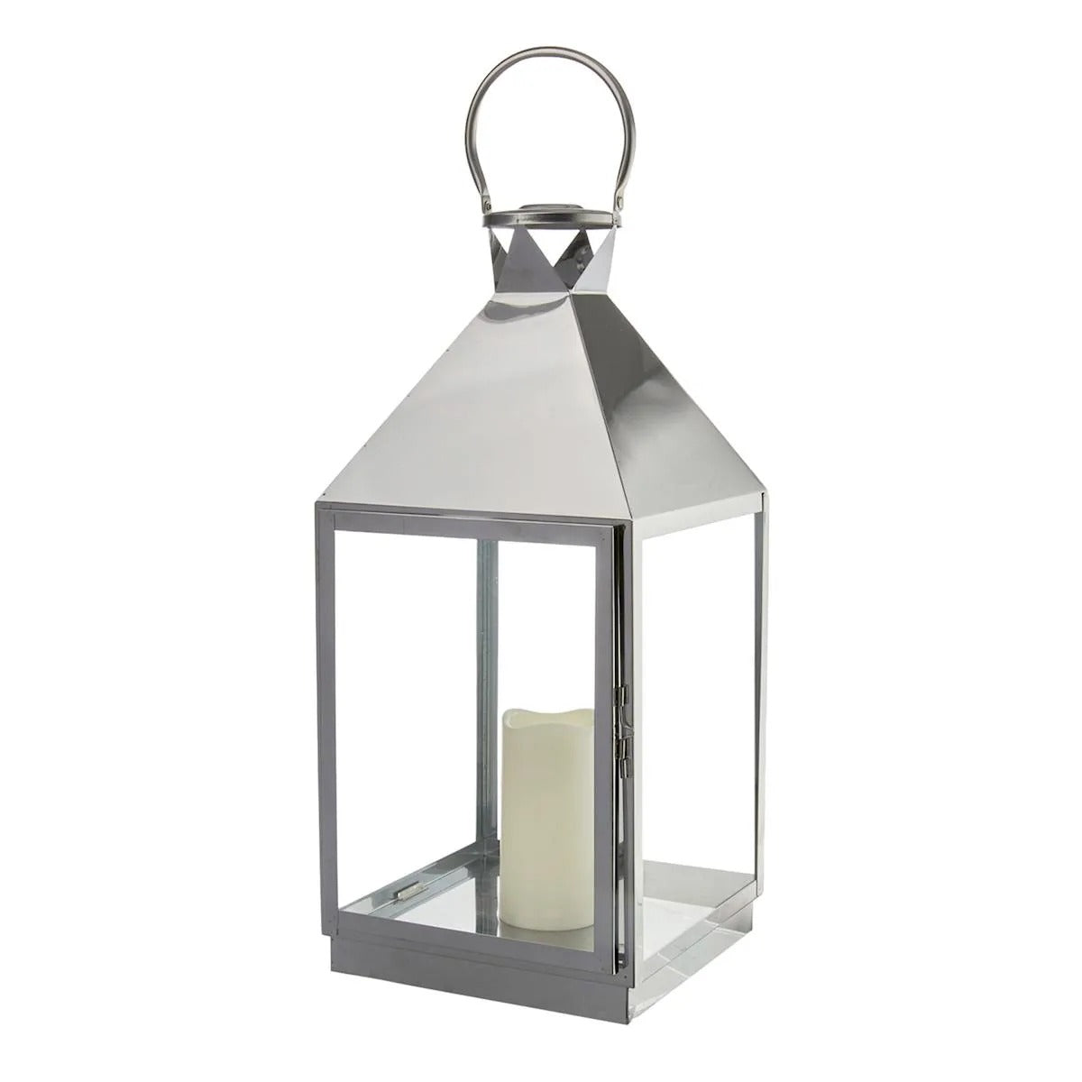 Modern Chrome Metal Lantern with LED Candle - 21"