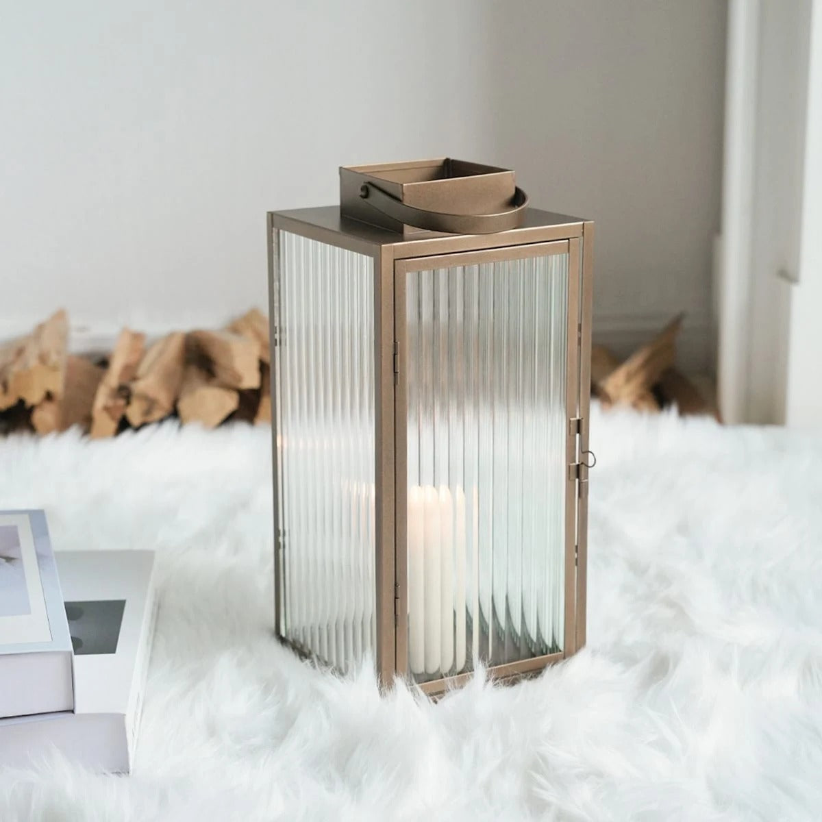 Modern Copper Metal Lantern with Ribbed Glass - 13"