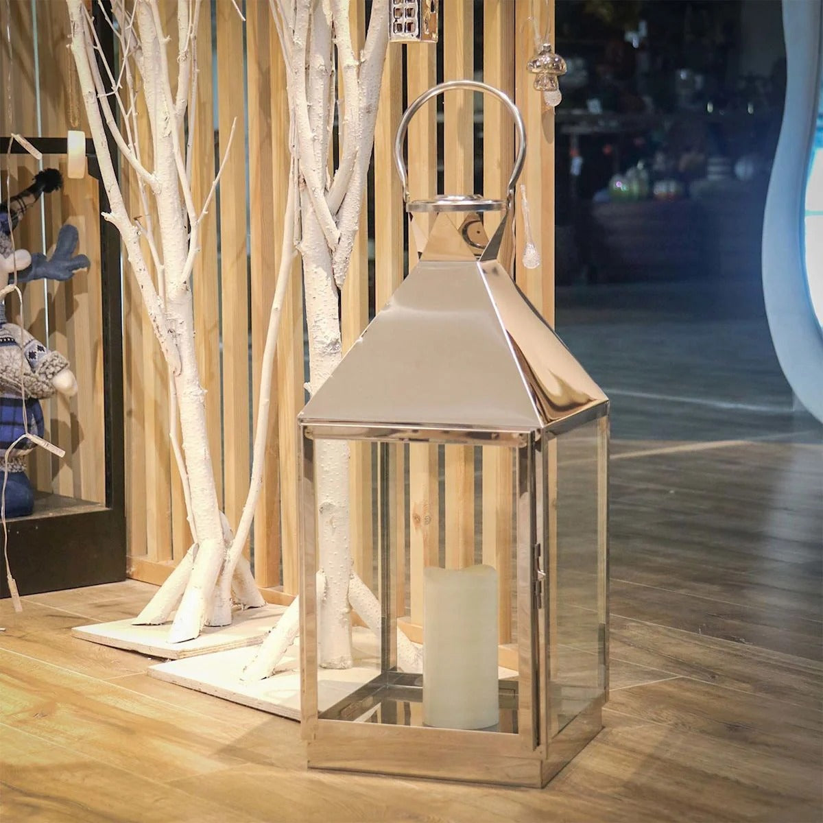 Modern Chrome Metal Lantern with LED Candle - 21"