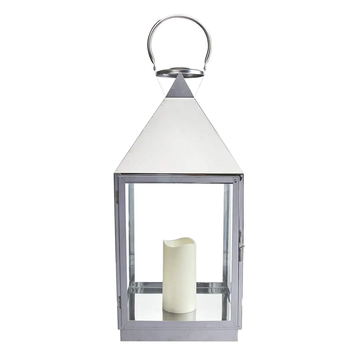 Modern Chrome Metal Lantern with LED Candle - 21"