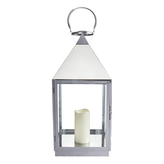 Modern Chrome Metal Lantern with LED Candle - 21"