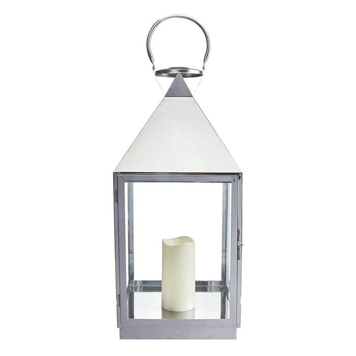 Modern Chrome Metal Lantern with LED Candle - 21"