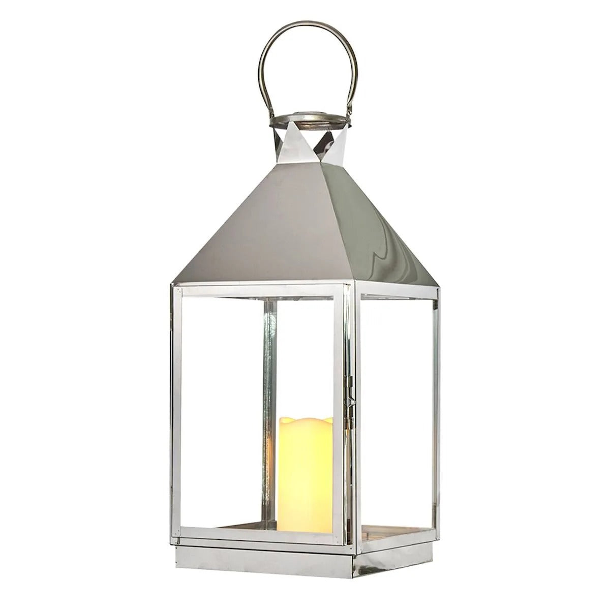 Modern Chrome Metal Lantern with LED Candle - 21"