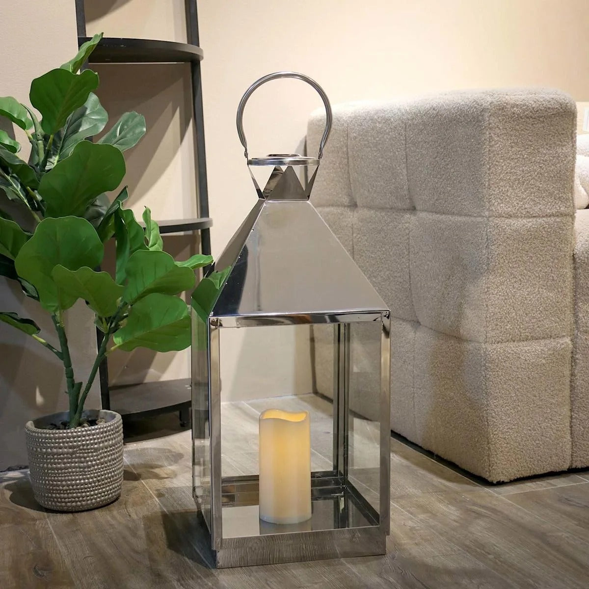 Modern Chrome Metal Lantern with LED Candle - 21"