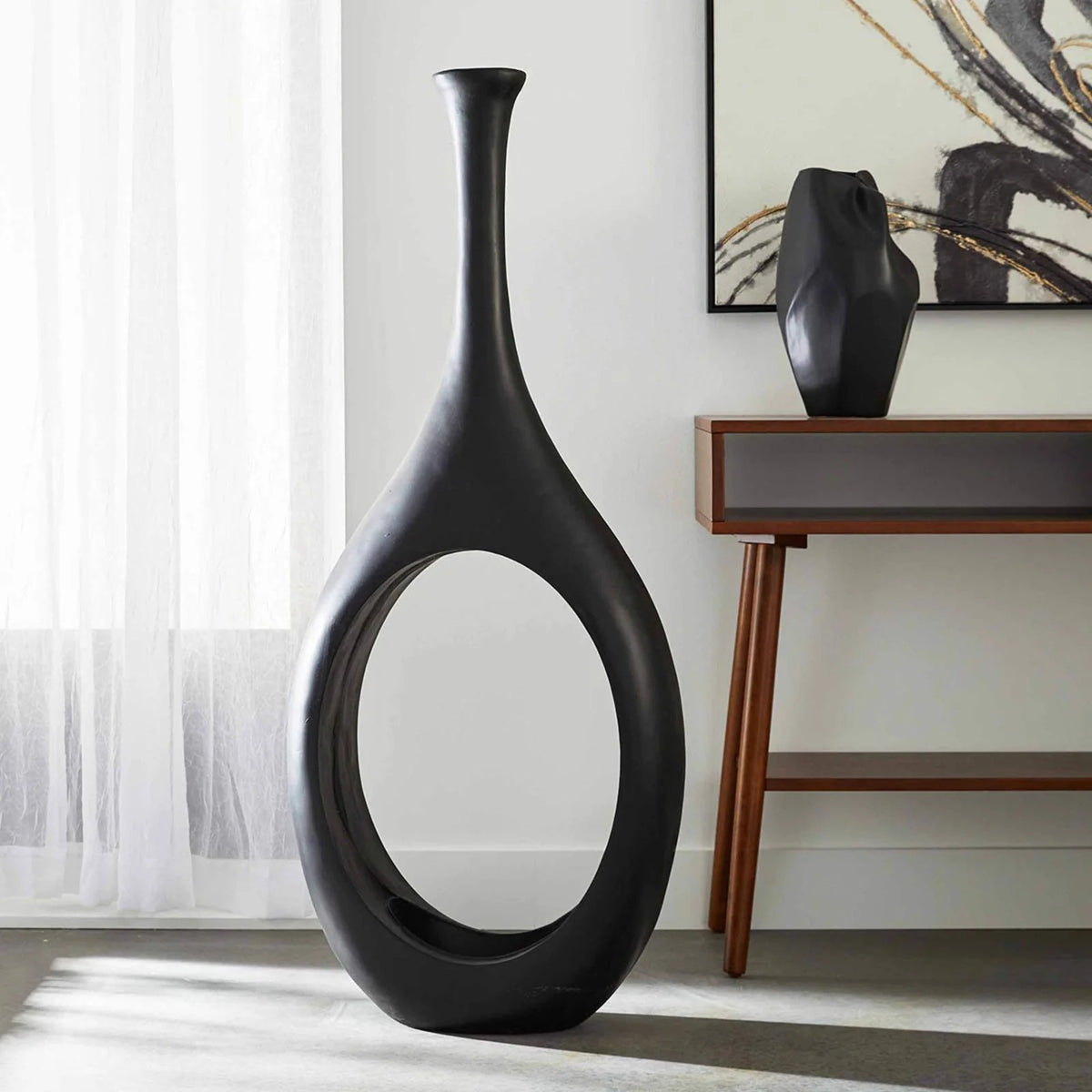 Modern Black Open Circle Floor Vase - 48 Inch Decor