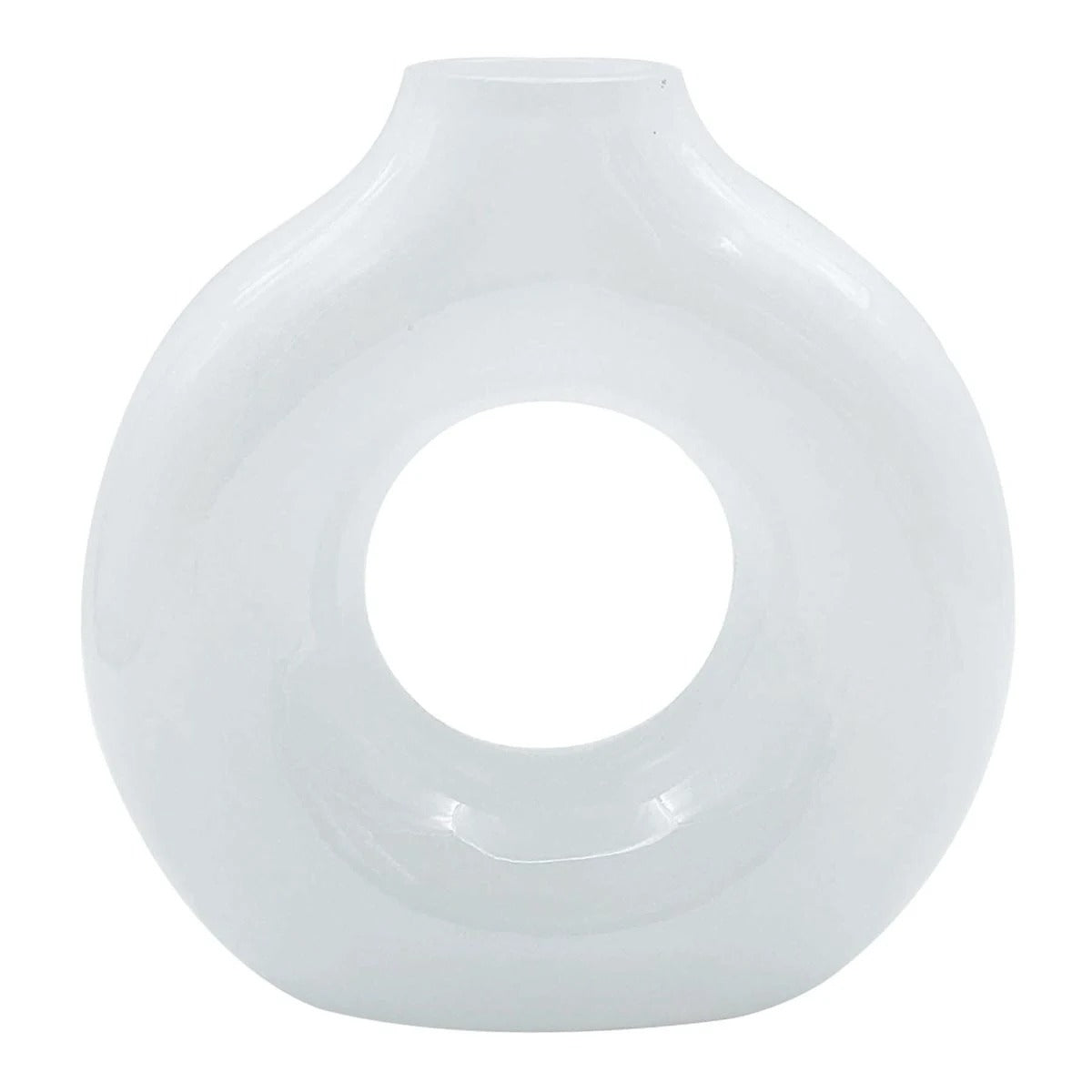 Modern White Glass Donut Vase - 6.7 x 7 Inch Decor