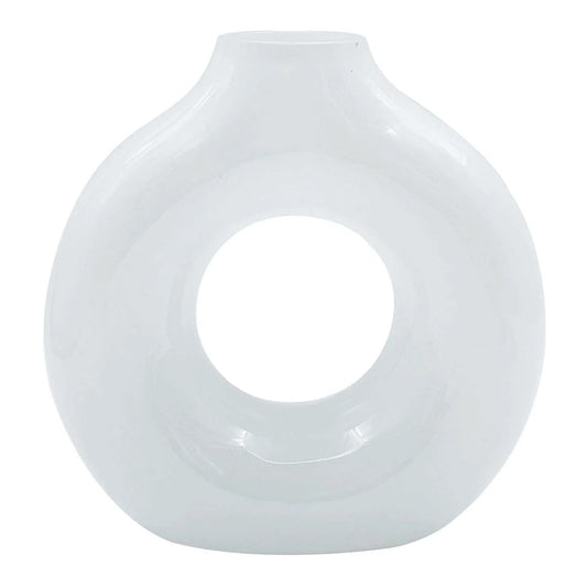 Modern White Glass Donut Vase - 6.7 x 7 Inch Decor