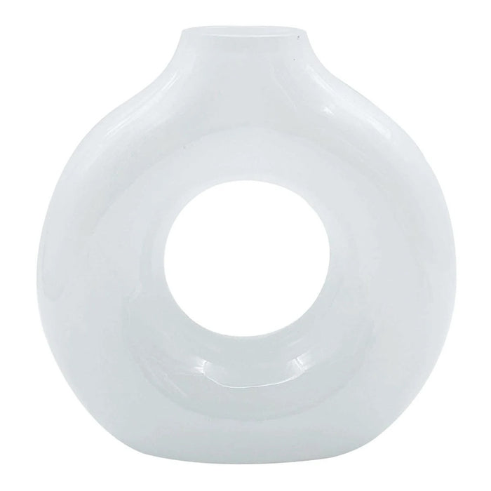 Modern White Glass Donut Vase - 6.7 x 7 Inch Decor