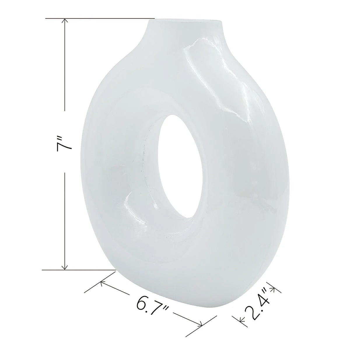 Modern White Glass Donut Vase - 6.7 x 7 Inch Decor