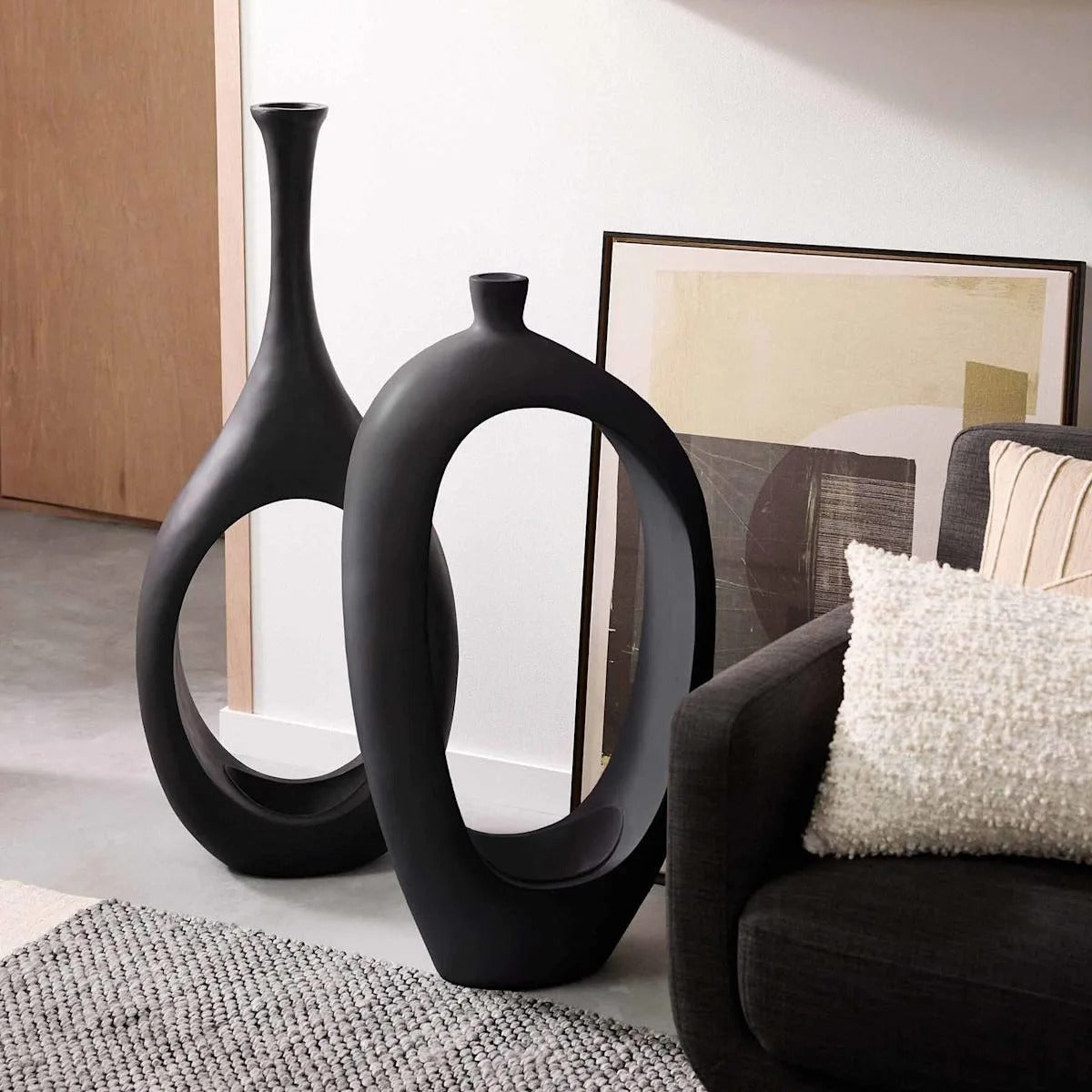 Modern Black Open Circle Floor Vase - 48 Inch Decor