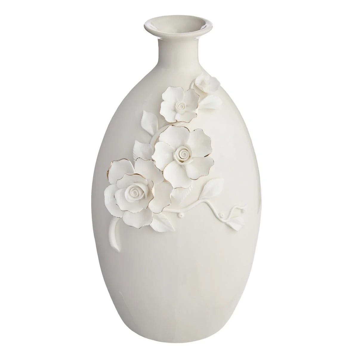 White and Gold Flower Ceramic Table Vase - 11 Inch