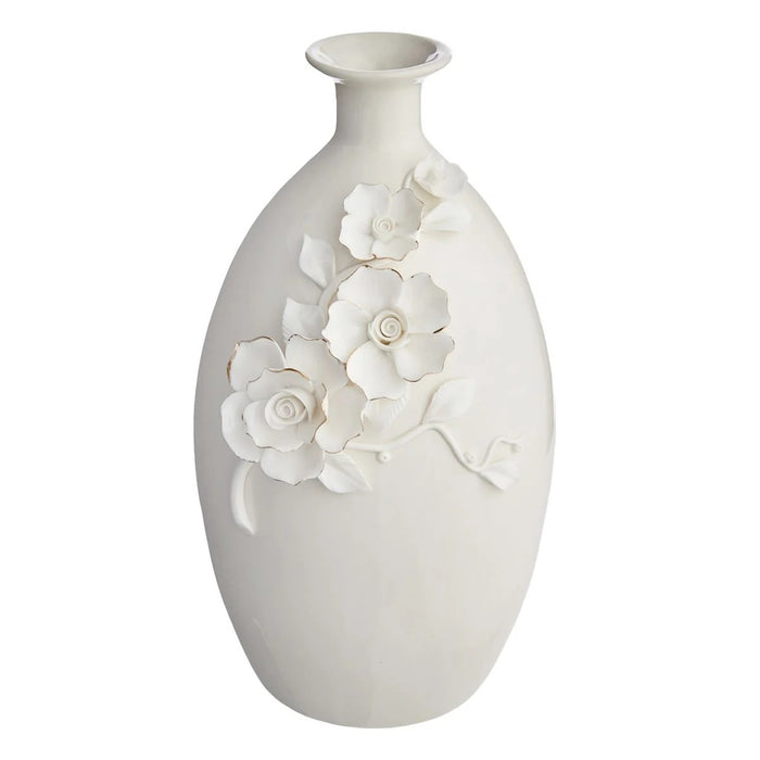 White and Gold Flower Ceramic Table Vase - 11 Inch
