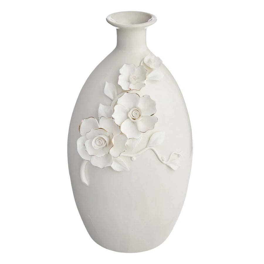 White and Gold Flower Ceramic Table Vase - 11 Inch