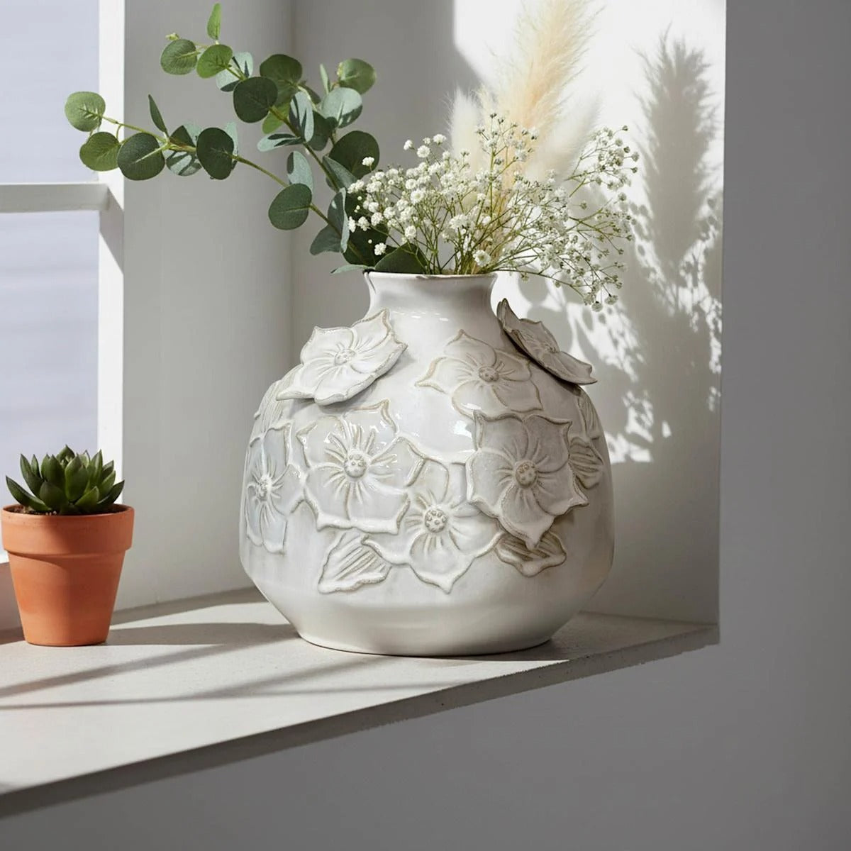 Modern White Floral Ceramic Table Vase - 10 Inch